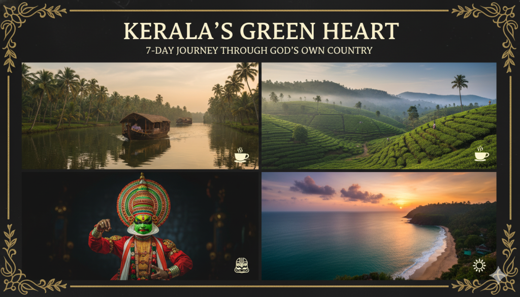 Houseboat cruising the backwaters of Alleppey, Kerala surrounded by palm trees