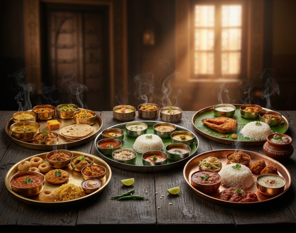 Vibrant Indian Thali Platter with several small bowls of curries and rice