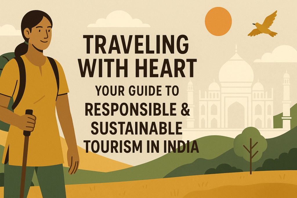 Traveler filling reusable water bottle in India with a backpack and scenic background