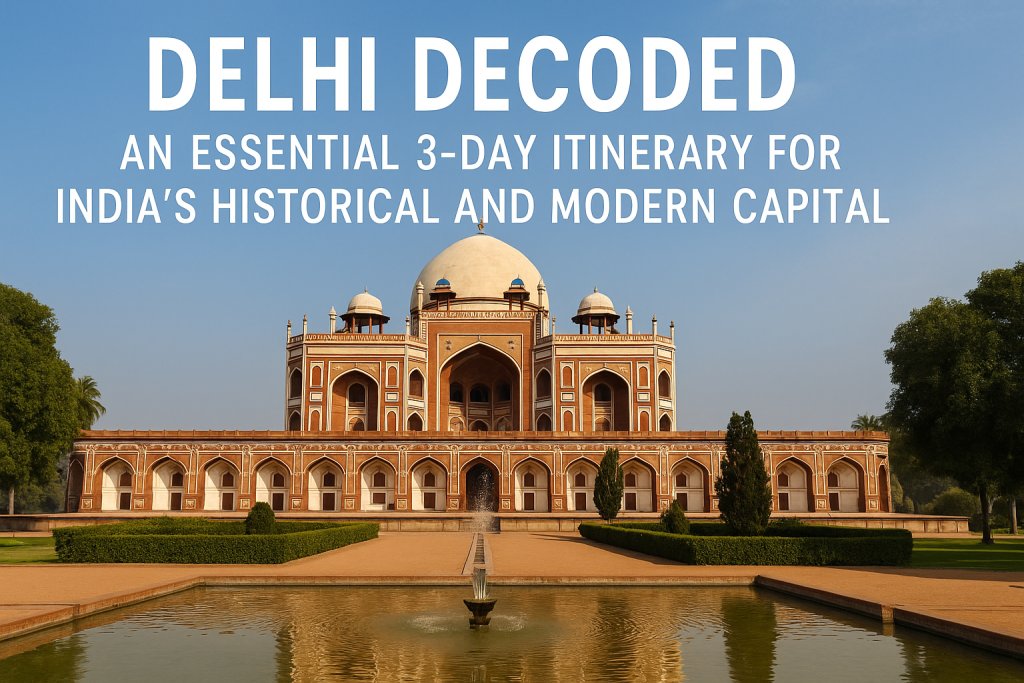 Red Fort and India Gate in Delhi with metro train for city transport