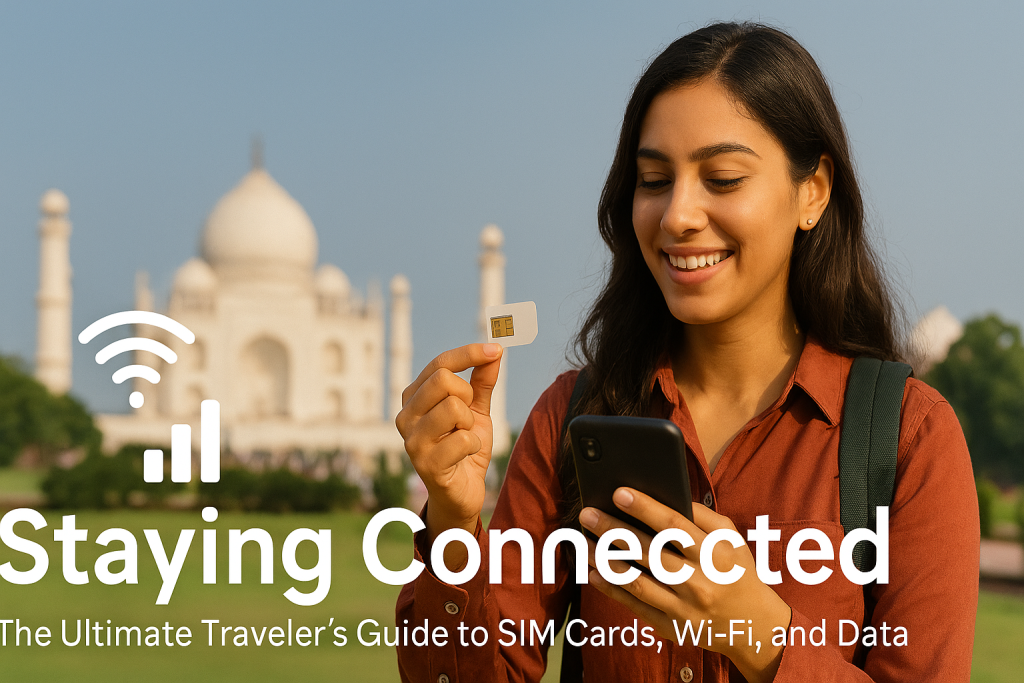 Travelers using smartphones on a bustling Indian street with a mobile network icon