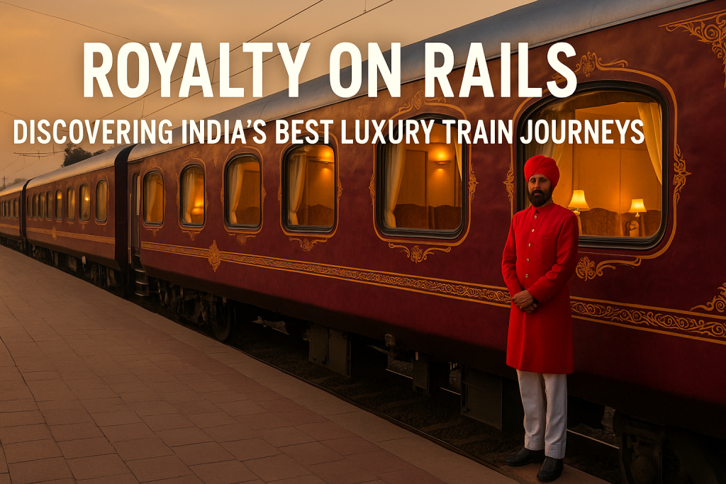 Maharajas Express train with opulent carriages at a station in India