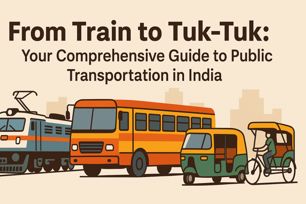 Indian auto rickshaw and bus in a city street with a metro map icon